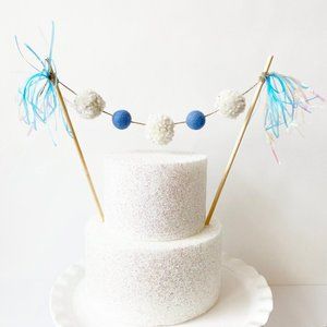 Blue Pom Pom Felt Ball Cake Topper, Birthday Cake Topper for Boys, Party Decor